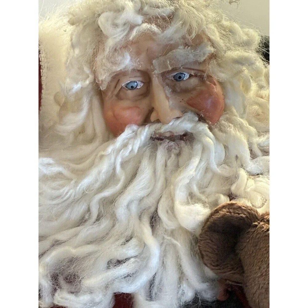 Santa Sitting In Wooden Chair Teddy Bear And Bag Decor Figurine 15